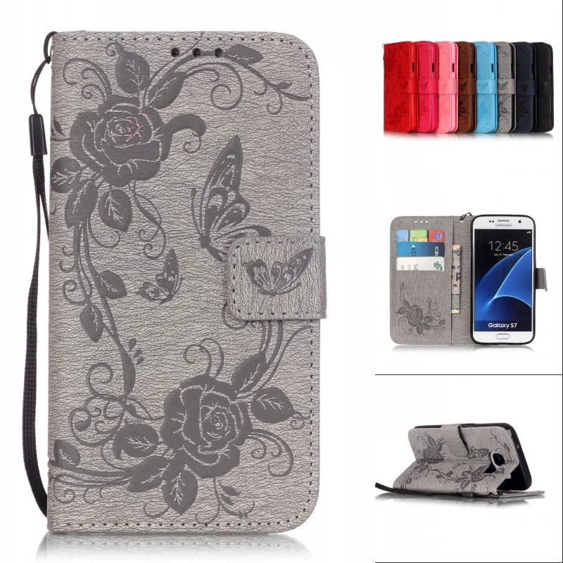 

For Samsung Galaxy S7 Edge High quality embossing flowers butterfly design magnetic holster flip leather phone case cover