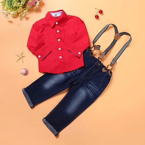 Комплект одежды из 2 предметов для маленьких мальчиков, красная рубашка джинсовый костюм со штанами комбинезон на лямках для детей от 2 до 7 лет детская одежда с длинными рукавами осенняя одежда с французскими манжетами - Цвет: as photo