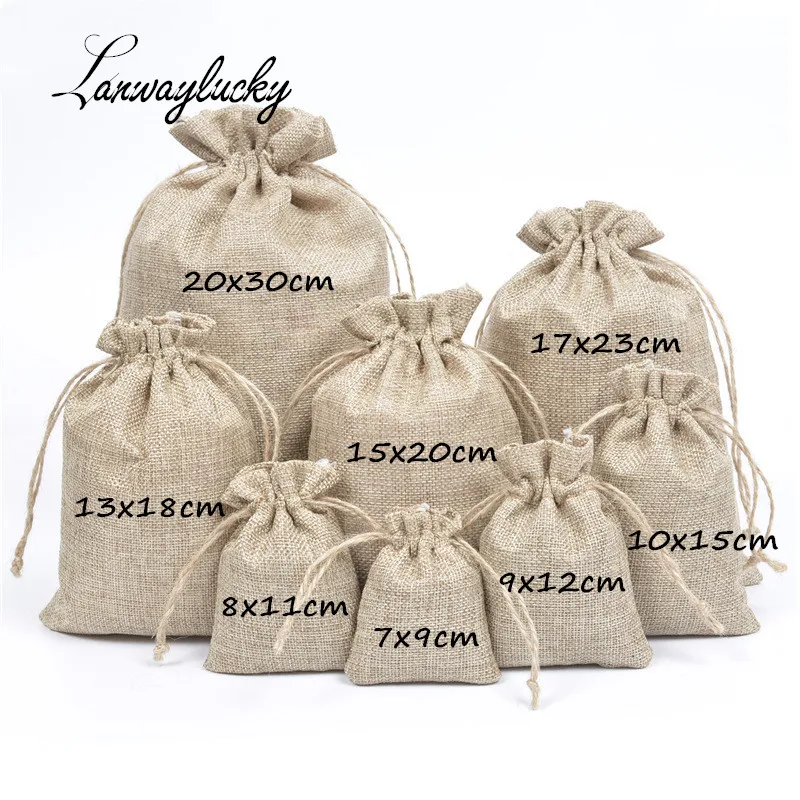 

50pcs/lot Natural Hessian Burlap Jute Drawstring Gift Bags For Xmas Wedding Party Favor Candy Comb Coffee Bean Flax Plain Pouch