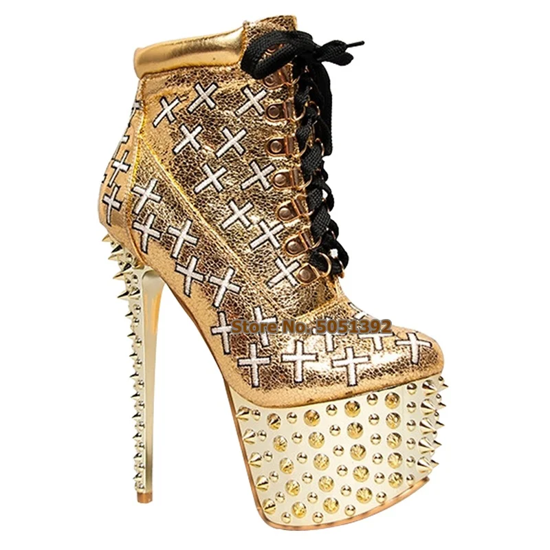 

Women Extremely High Heel Full Rivets Metal Heel Short Boots Lace-up Nightclub Punk Fashion High Platform Ankle Boots Gold Sexy