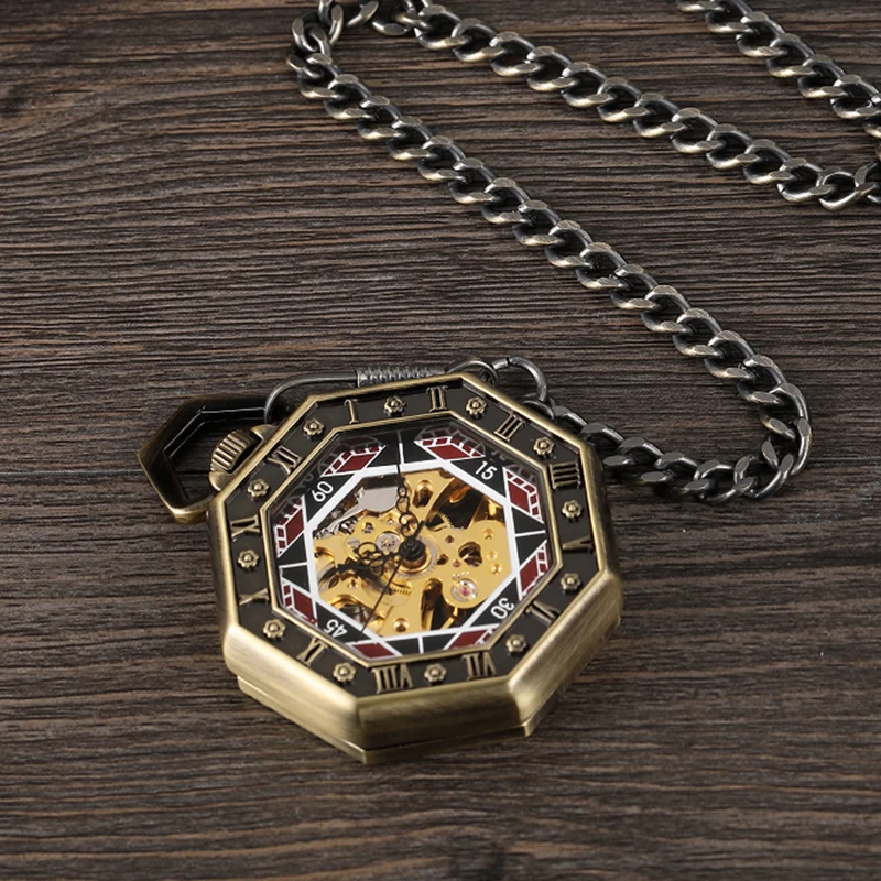 Transparente Octagon Números Romanos Mens Relógio Fob Cadeia Relógios