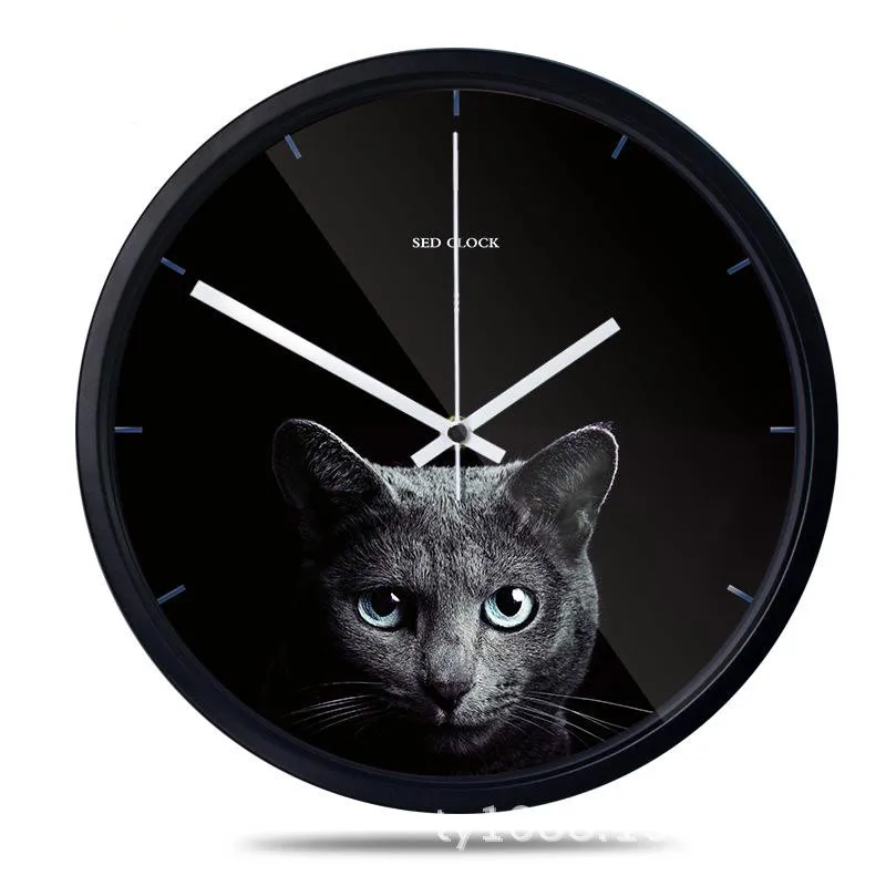 

Black Wall Clock Creative Round Cat Design Modern Living Room Home Decoration Accessories Silent Quartz Wall Clocks
