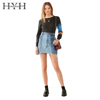 

HYH HAOYIHUI Blue A Line Joint Jean Skirt Casual Above Knee Mini Short Lady Skirt Summer New Arrival For Women 2018