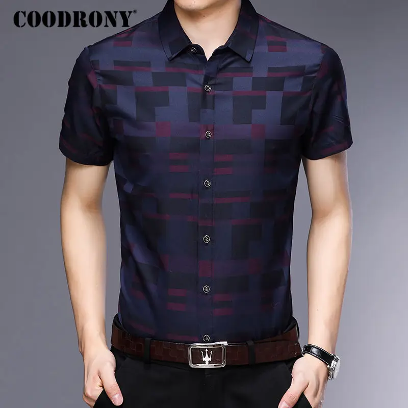 COODRONY قصيرة كم قميص الرجال الملابس 2019 الصيف قمصان رجالي عارضة يتأهل منقوشة Camisa الغمد القطن قميص أوم 8701
