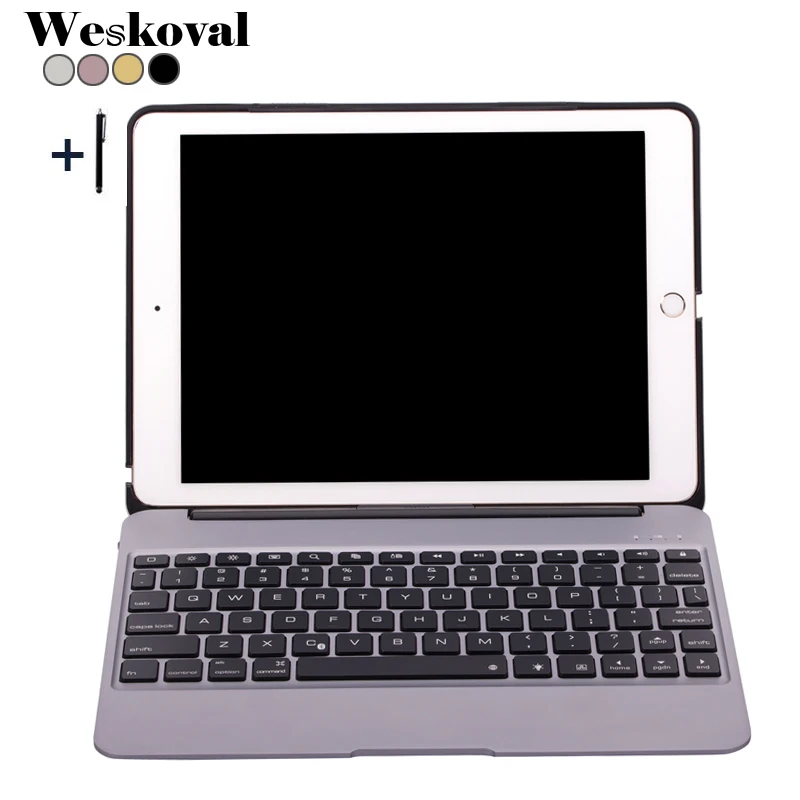 For iPad Air 2 Wireless Bluetooth Keyboard Case For iPad Air 2 Aluminum Alloy Tablet Flip Stand Cover For iPad Air 2 +Stylus