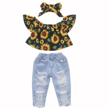 

Summer New Toddler Kids Baby Girls Clothes Off Shoulder Sunflowers Shirt Tops + Hole Denim Pants + Headband Outfits 1-5Y 3PCS