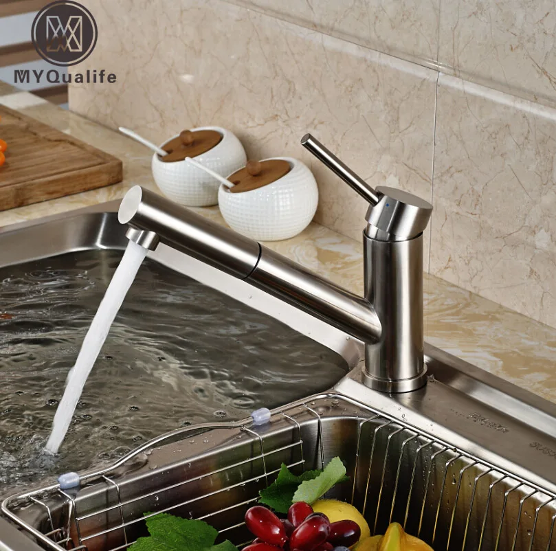 Deck Mount Short Long Pull Out Spout Kitchen Mixer Faucet Tap Brushed