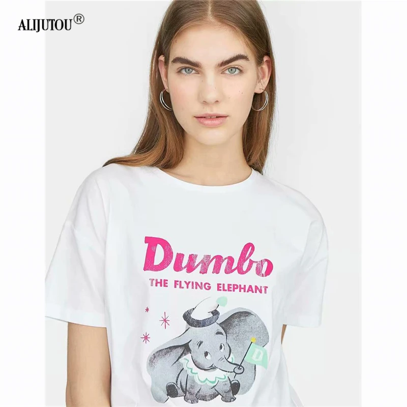 Dumbo Cartoon Cute white T-Shirt Women Summer Harajuku Casual Printed Round Neck Short Sleeve Tee zaraing Streetwear Tshirt tops