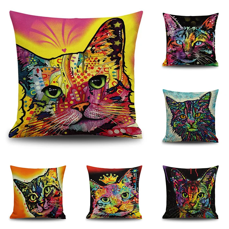 

Cute Seven Color Painted Animal Cats and Dogs Cushion Cover Polyester Throw Pillow Home Decoration Sofa Decorative Pillowcase