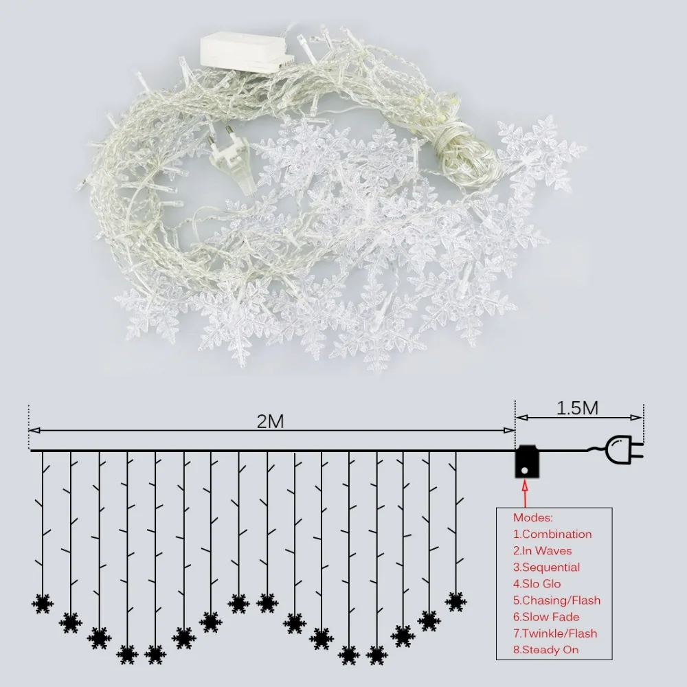 2*1 м светодиодный светильник-гирлянда со снежинками, сказочный светильник s для рождественских праздников, наружных украшений, свадебных вечеринок, 104 светодиодный s EU Plug JQ