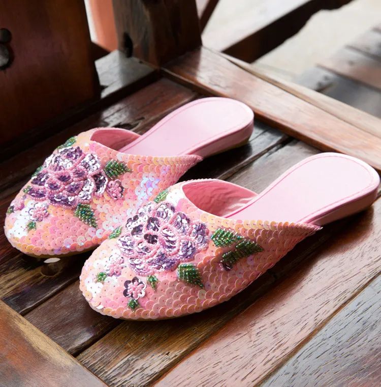 Veowalk/женские шлепанцы ручной работы в винтажном стиле; женская обувь на плоской подошве в китайском стиле, украшенная блестками и цветами; Повседневная летняя обувь для улицы на мягкой подошве