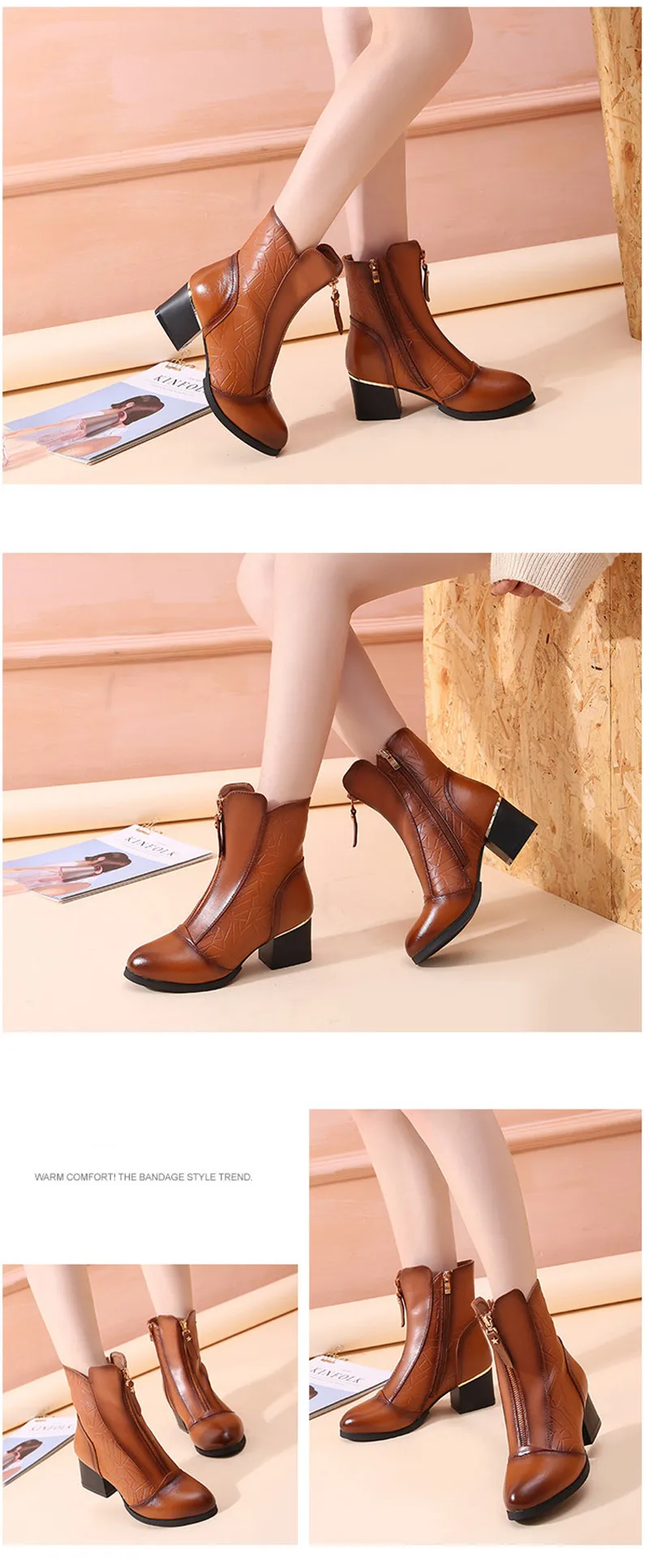 BEYARNE Female Autumn Spring Winter Big Size Genuine Leather Ankle Boots For Women Fashion Med Heels Soft Plush Warm Boots Ladi 8