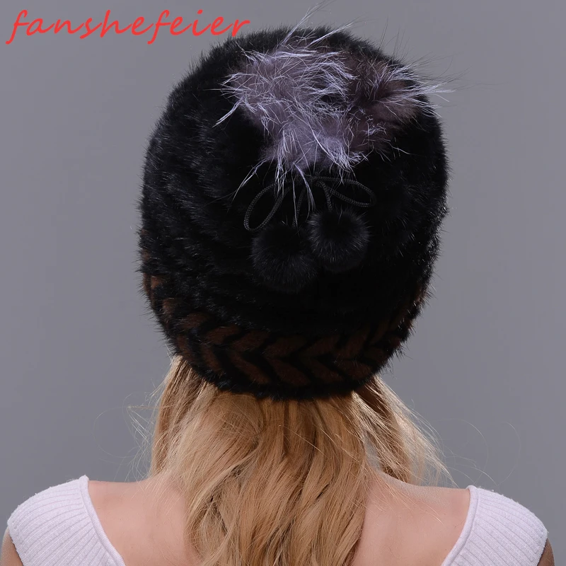Новая зимняя теплая шапка из натурального меха норки, теплая шапка для женщин, двухцветная спиральная вязка с маленьким помпоном из меха лисы на верхней части