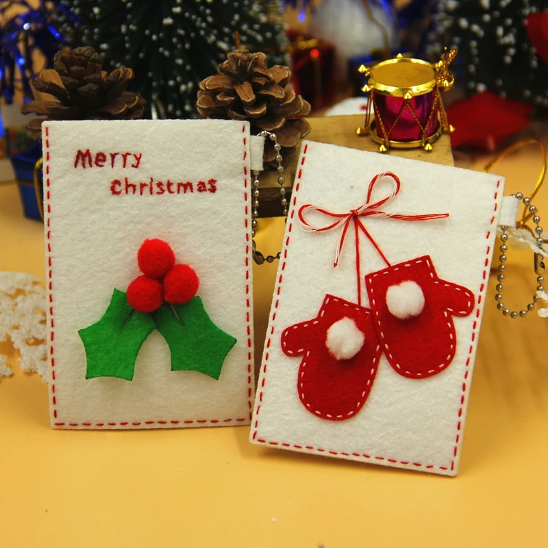 Image Cheap Price 2Pcs Set DIY Felt Cloth Christmas Tree Leaves Hand Sleeve Card Holder Felt Free Cutting Material DIY Package Set