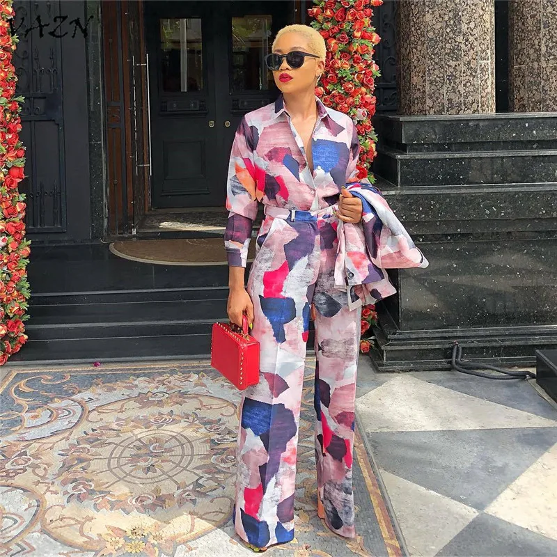 

VAZN 2018 autumn new print long jumpsuits women formal full sleeve v-neck lace up blazer office ladies sexy 2-pieces sets 9701
