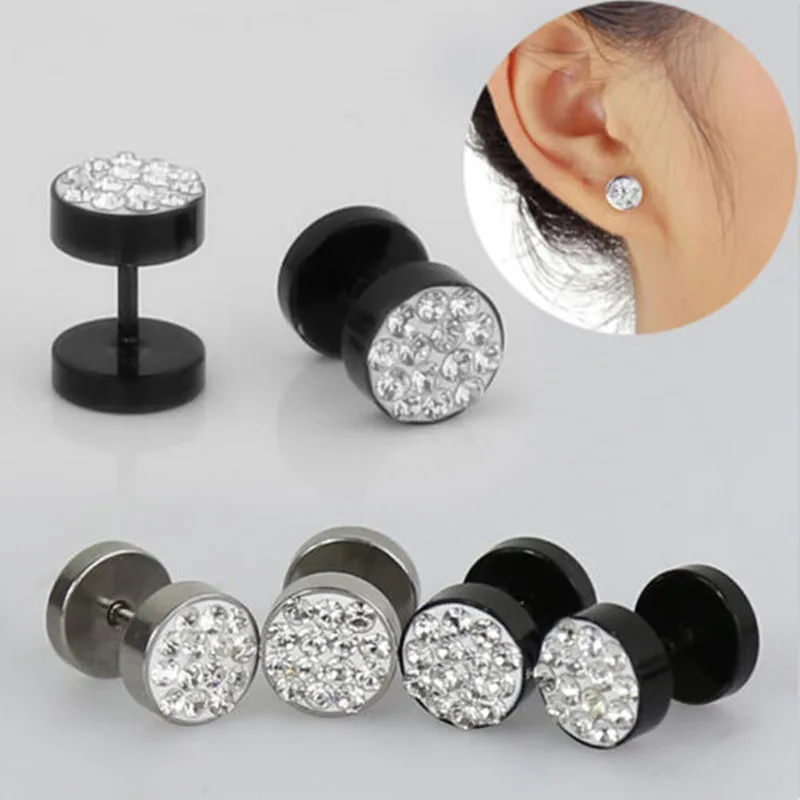1Pair Black Silver Women Men's Barbell Earring Punk Stainless Steel