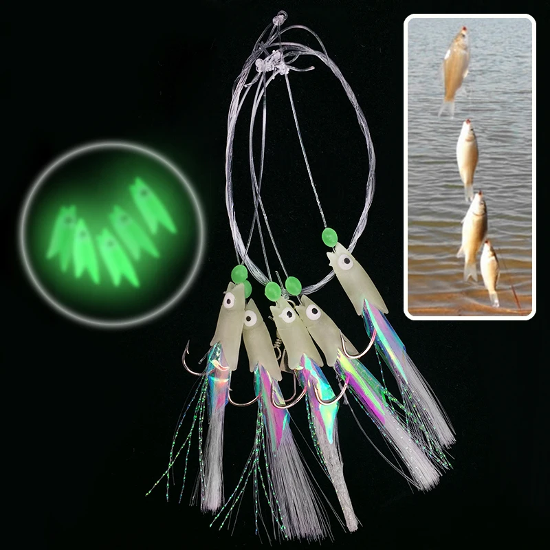 

5PCS/Set Sabiki Soft Fishing Lure Rigs ISE Luminous Fish Head String Hook Soft Bait Artificial Lure Worn Fake lure Pesca