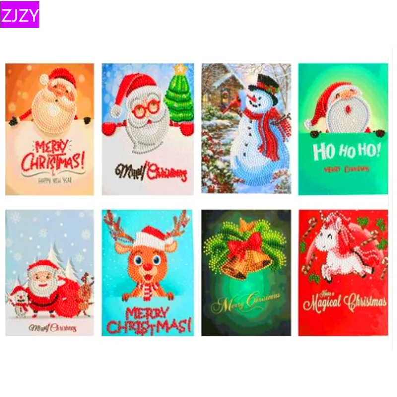 

8pcs Diamond Painting 5D DIY Christmas Card Cartoon Mini Santa Happy Greeting Postcard Craft Children Holiday Greeting Card