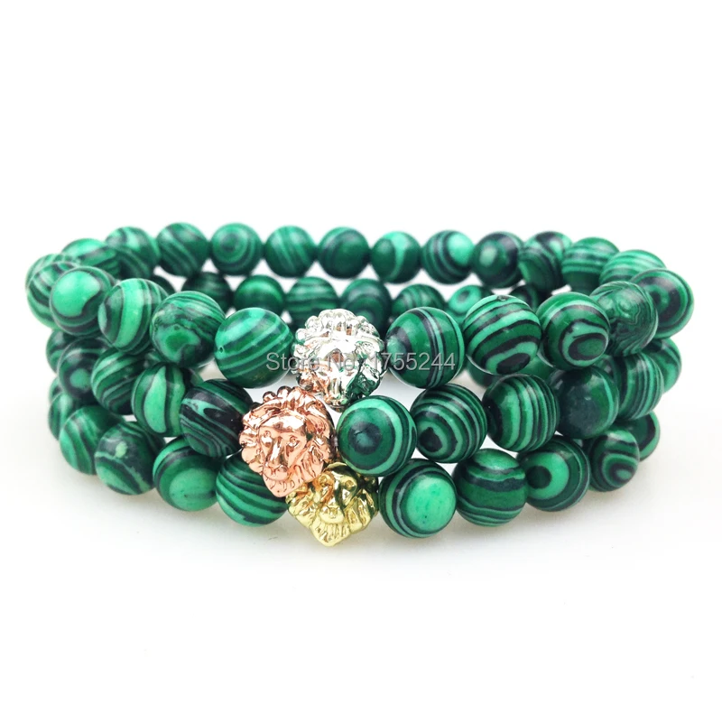 SN0354 Wholesale Gold Rose Gold Silver Plated Lion Head Bead Bracelet 8mm malachite Bead Bracelet Women Men Elastic Bracelet Green Line Bracelet.JPG