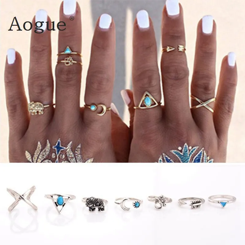 

7 Pieces Retro Bohemian Elephant Arrow Leaf Palm Rings Set Lmitation Carved Personality Joint Knuckle Nail Art Rings