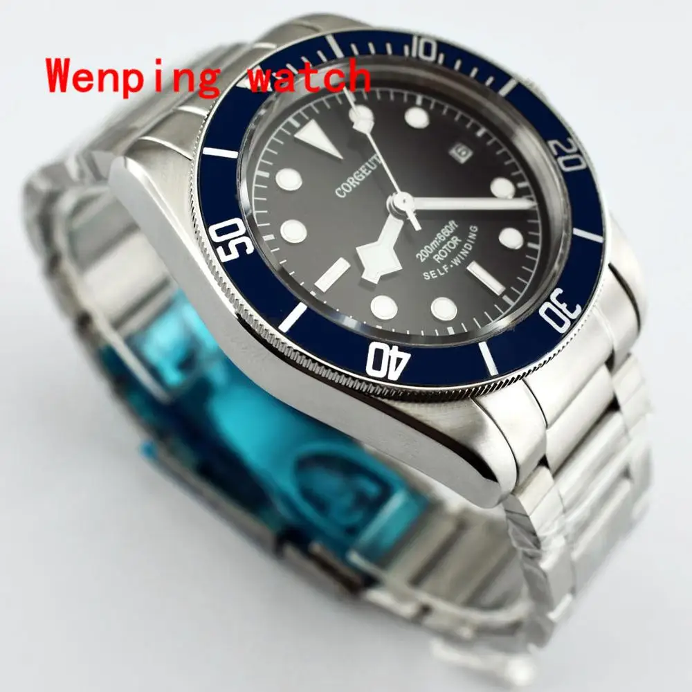 

Top Fashion Brand Corgeut 41mm Blue Bezel Sapphire Glass Stainless Steel Bands Automatic Mechanical Mens date Watch gift