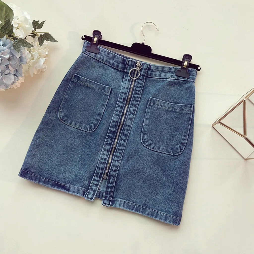 Новая модная повседневная Корейская Высокая талия на молнии с карманами для студентов, короткая джинсовая мини-юбка трапециевидной формы в стиле Callege, джинсы Saia 50