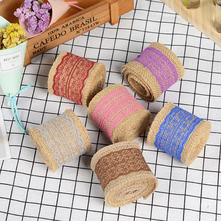 

2m/roll 6cm Natural Jute Burlap Hessian Ribbon With Transparent Lace DIY Trim Fabric For Sewing Wedding Decoration Accessories