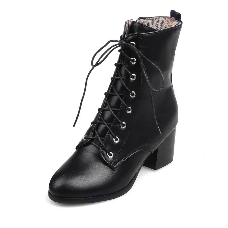 RYVBA/; женские ботильоны; женские ботинки на квадратном каблуке; сезон осень-зима; Женская рабочая обувь с перекрестной шнуровкой и круглым носком; большие размеры - Цвет: black autumn