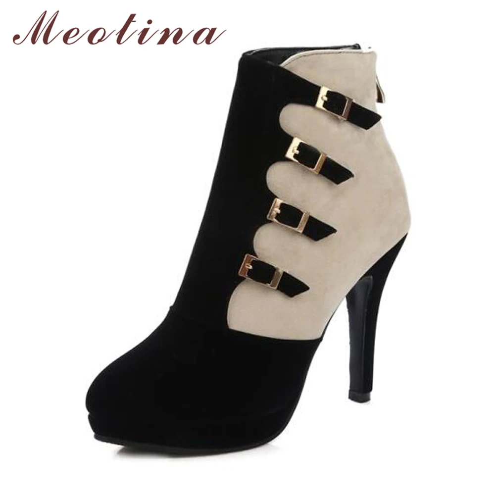 Prix Meotina Femmes Bottes D hiver Chaussures Boucle À Talons Hauts Bottes Cheville Bottes Plus La Taille 9 41 42 Zip Automne Chaussures Pour Femmes bleu Noir Rouge