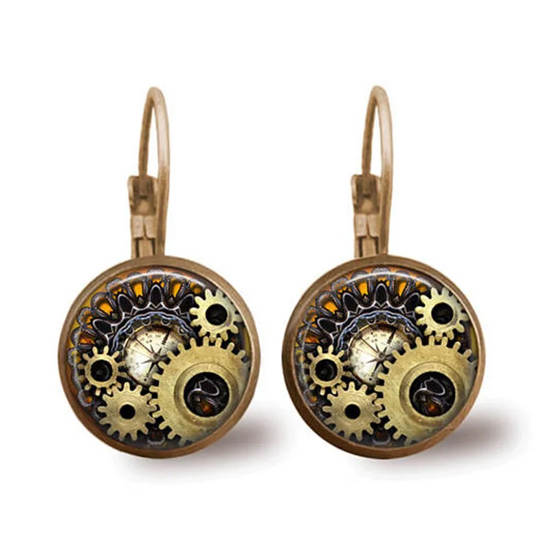 

Steampunk Mechanical Gear Glass Dome Cabochon Drop Dangle Earrings Retro Antique Bronze Lever Back Earrings for Women Girl Gift