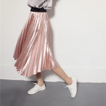 

2017 Spring Autumn New Elegant Causal Metallic Silver Pleated Flod Slim Elastic High Waist Women Skirt Pink Black Silver Gold