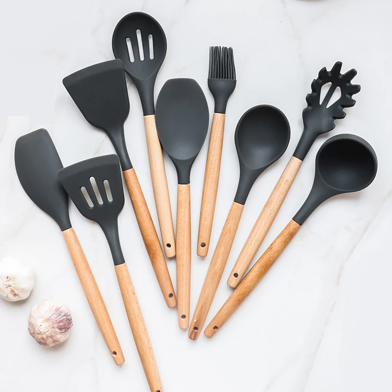 1PC Food Grade Silicone Wood Handle Cooking Utensils Cookware Kitchen Cooking Tools Spatula And Ladle Kitchenware 9 Styles