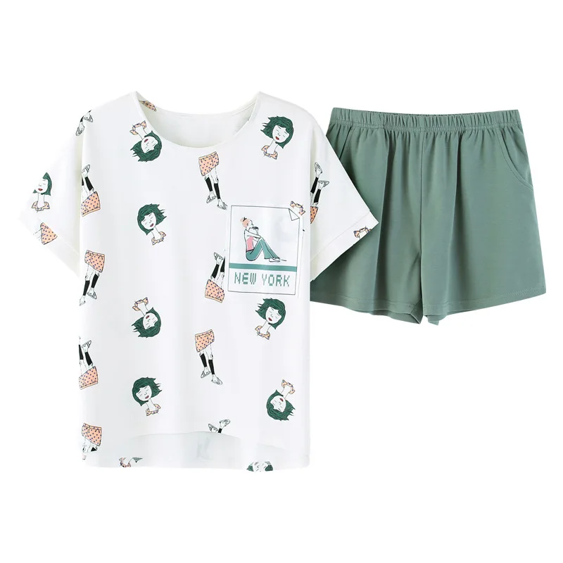 

Summer 2019 pajamas women set cotton short-sleeved T-shirt +shorts 2 pcs sleepwear mujer lounge wear sports suit loose plus size