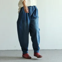 Синие джинсы для женщин с эластичной резинкой на талии, хлопок, зима-осень, штаны в винтажном стиле, одноцветные джинсы-шаровары, женские уличные брюки