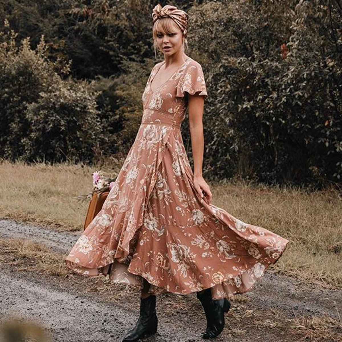

V-Neck Flutter Sleeve Rose Garden Party Dress Women Lace Summer Dresses Boho Chic Asymmetrical Hem Beach Dress Women Vestidos