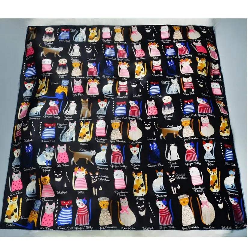 Бандана Хиджаб с принтом мультяшных котов, платок, атласный шелковый шарф, квадратный шелковый шарф для женщин, 90*90, ручная работа, роскошные шарфы и палантины