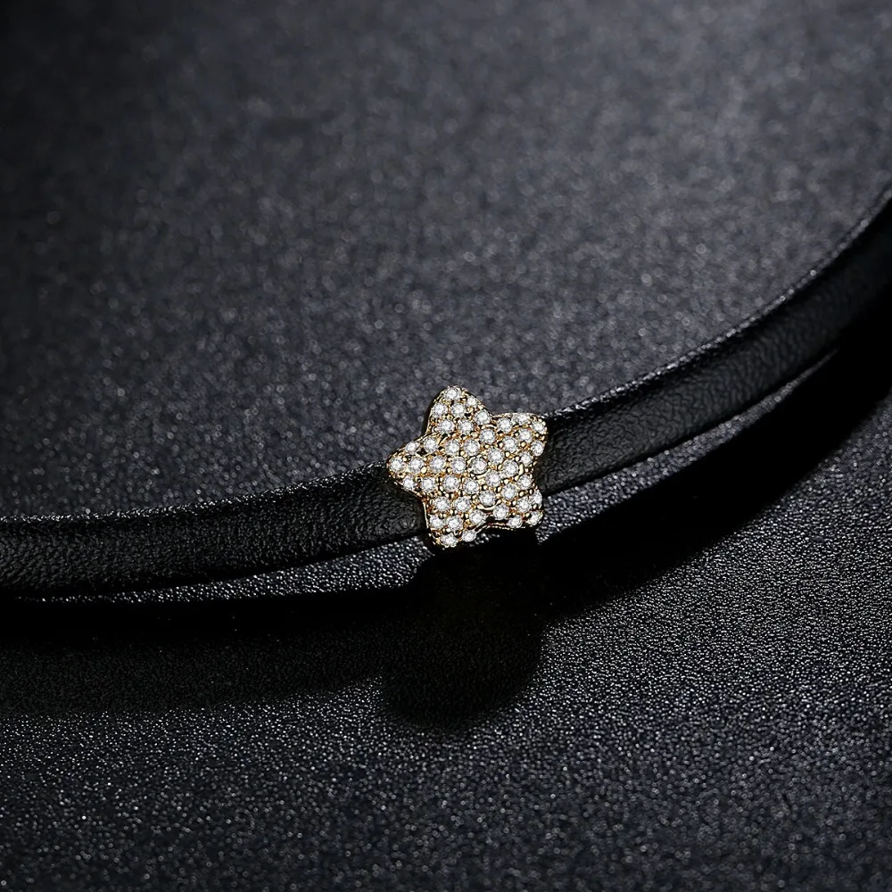 LUOTEEMI New Gothic Trendy Stylish Punk Black Leather Chain Choker Star CZ Necklace for Women Girls Bar collier boheme