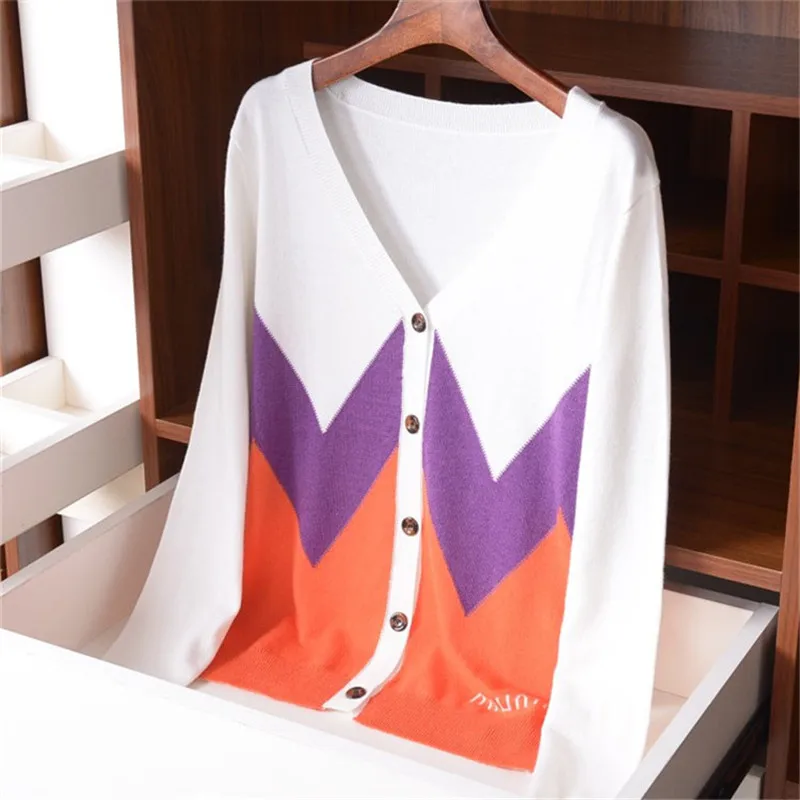 wool polyamide blend patchwork knit women England style contrast color Vneck single breasted cardigan sweater M-L |