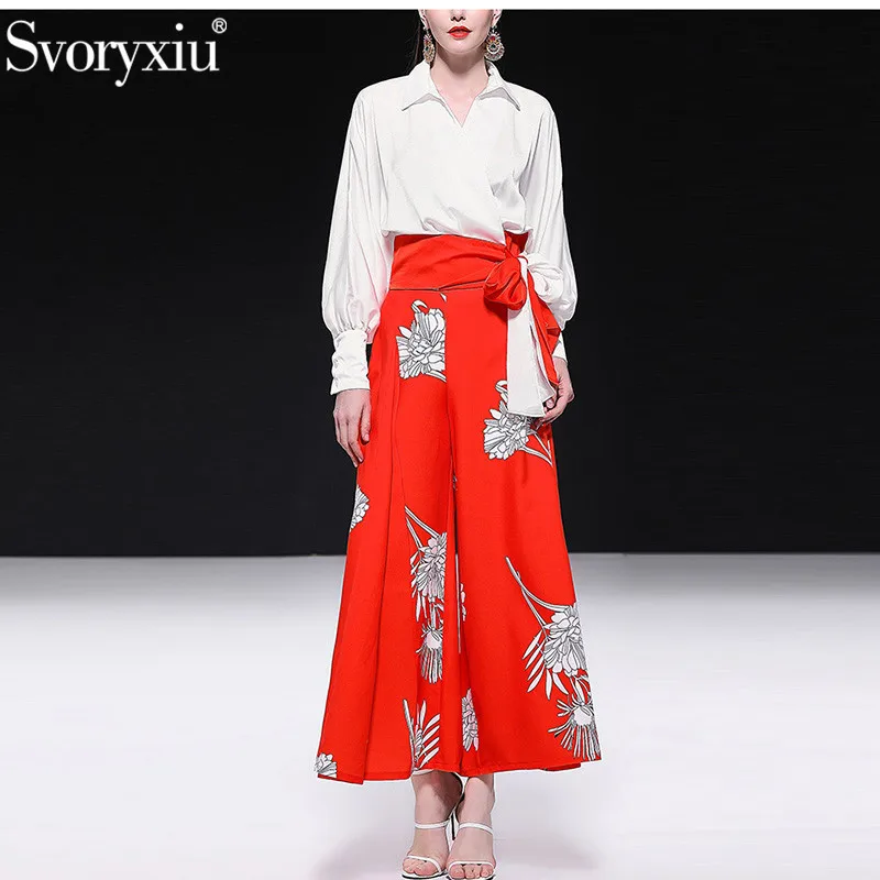 

Svoryxiu Elegant Office Lady Two-Pieces Women's Long Sleeve Bow White Blouse + Red Wide Leg Long Pants Fashion Pants Suits