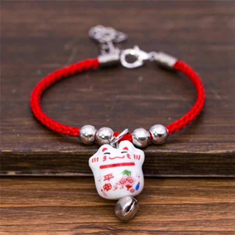 

New Cute Lucky Cat Ceramic Beads Safe Bracelet Red Rope Bangle Handmade Fashion Jewelry Adjustable Length