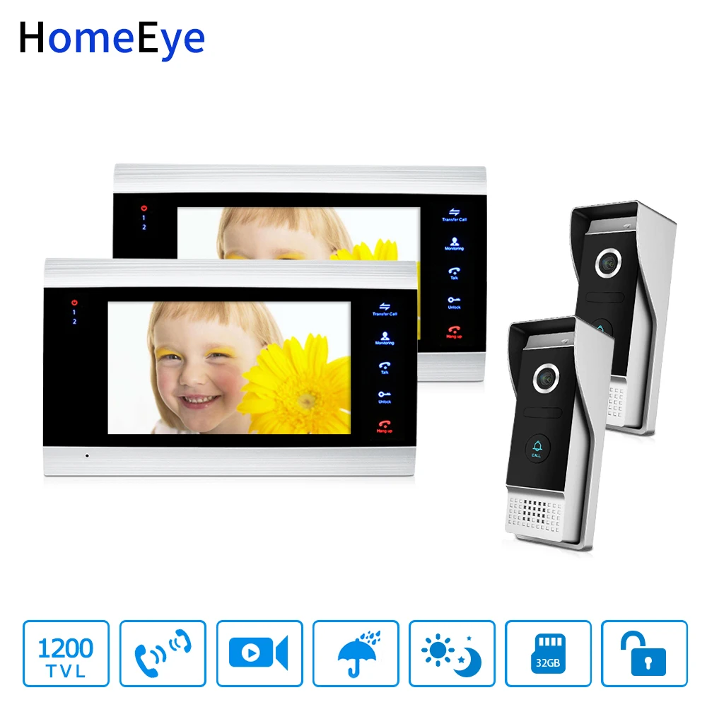 

HomeEye 7'' 1200TVL Video Door Phone Video Intercom Security Access System Motion Detection Multi-languages OSD Menu for 2 Locks