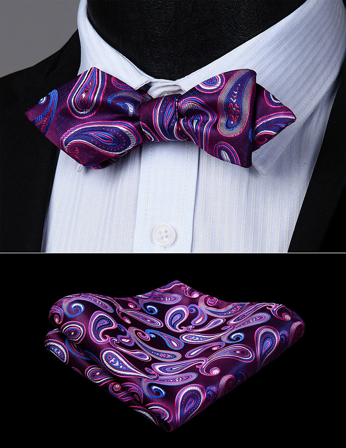  Men Self Bow Tie Paisley Striped Check Diamond Point Tip Handkerchief Set#JT2 Pocket Square Classic