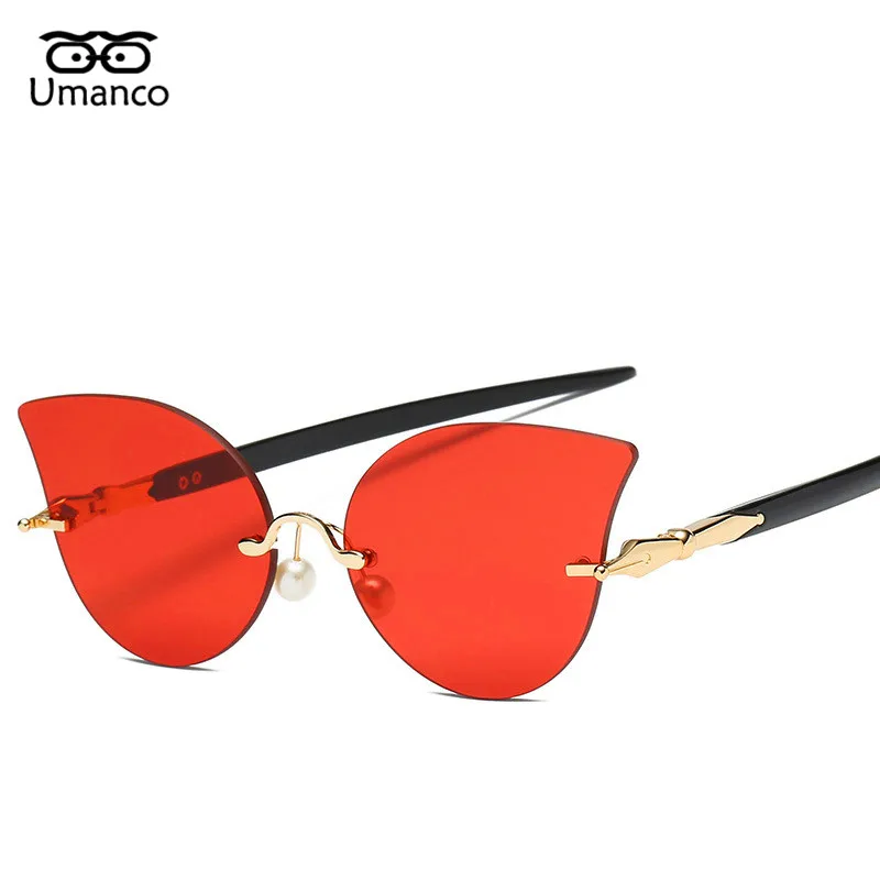 

Umanco Super Fashion Dazzling Colors Mirrors Rimless Cat Eye Sunglasses For Women Metal Plastic Eyewear Pen Legs Driving Glasses
