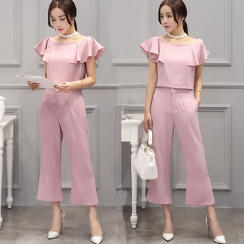 

2 Piece Set Women Crop Top Blouse And Loose Pant Falbala Chiffon Bell-Bottomed Pants Suit Wide-Legged Pants Two-Piece Outfit