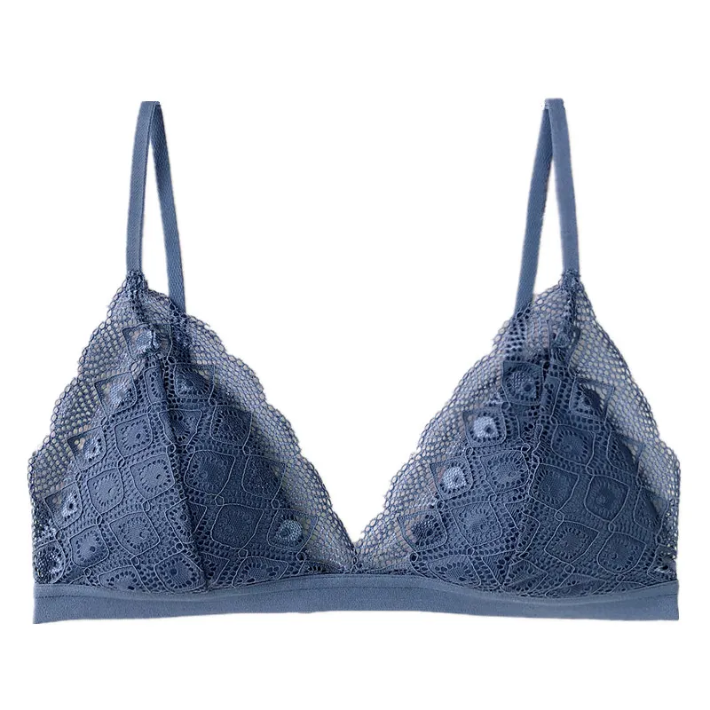 Wriufred Women Plus Size Bras Ladies Underwear Deep V Push Up Bralette Triangle Cup Wire Free Comfort Bra Sexy Lace Sleepwear - Цвет: Синий