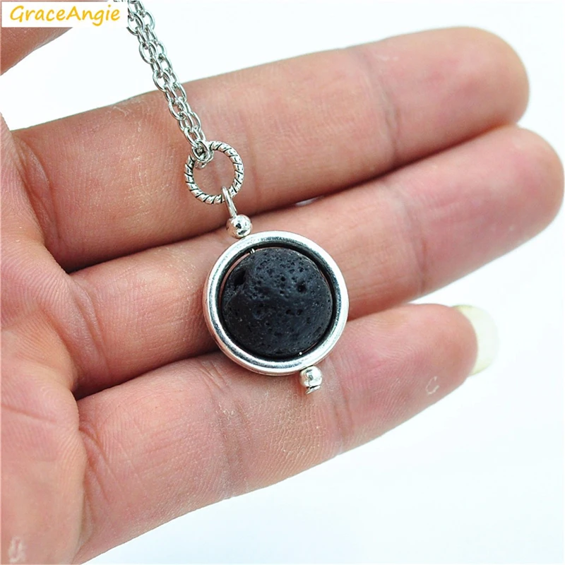 

GraceAngie 1PC 14mm Black Lava Rock Necklace Silver Color 50cm Length Chain Trendy Party Date Accessory Jewelry Gift For Women