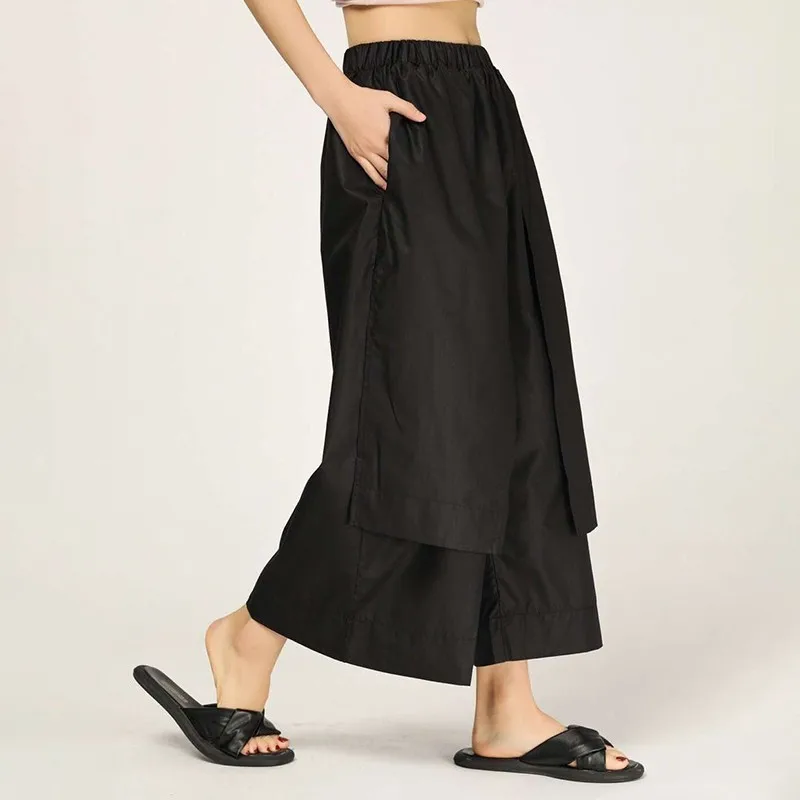 CHICEVER Pacthwork женские брюки с эластичным поясом и карманами, женские широкие брюки длиной до лодыжки, мода, тренд - Цвет: black