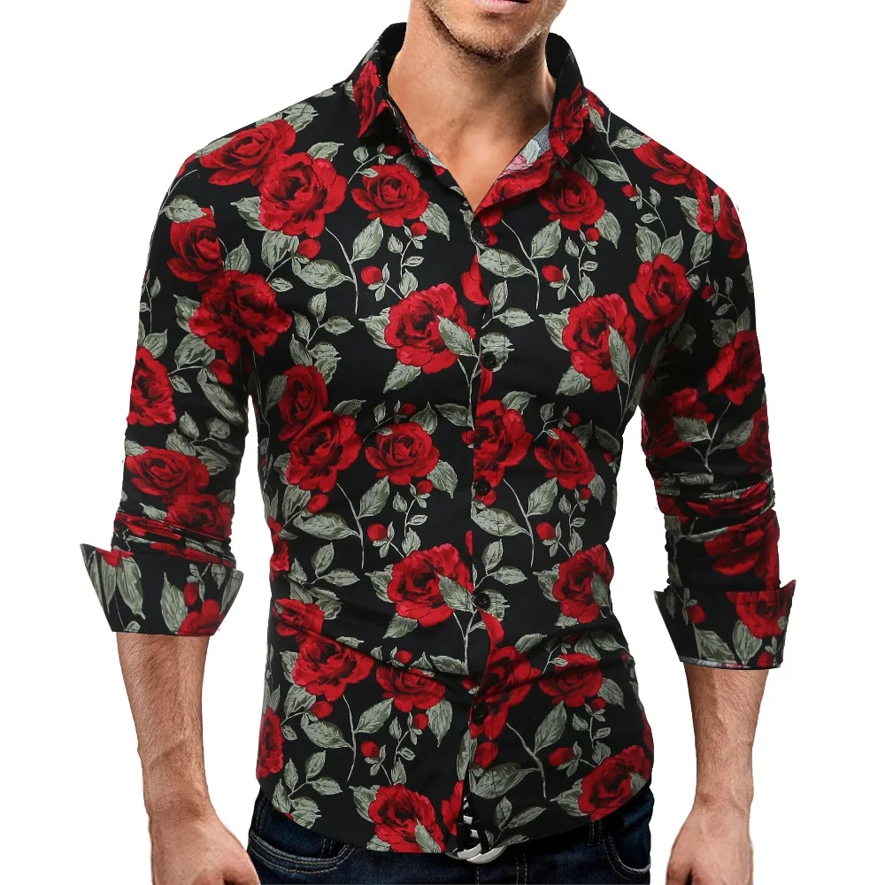 

Laamei Men's Long Sleeve Casual Shirt Fashion Rose Flower 3D Print Floral Shirt Turn-down Collar Slim Fit Shirt Mens Clothing