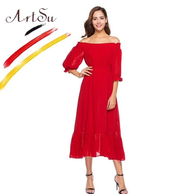 ArtSu الأبيض الأحمر شيك فستان محكم من عند الصدر ويتدلى بشكل واسع الصيف قبالة الكتف سليم الشيفون اللباس المرأة مثير حزب اللباس الأميرة فساتين ...