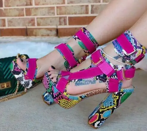 

Sexy Women Multi-Snakeskin Chunky Heel Platform Ankle Buckle Strap Sandals High Top Fuchsia Python Patchwork Dress Sandals Lady